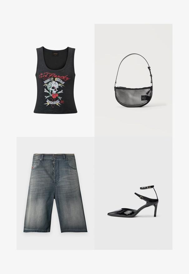 Top sin mangas negro con un atrevido gráfico de calavera y tibias cruzadas con un corazón, acentos multicolores y el texto "Love Dies Hard".; Pantalones cortos de mezclilla en un lavado azul descolorido, con diseño de cinco bolsillos, cierre de botones y detalles sutiles de costura.; Tacones de charol negros con puntera puntiaguda, correas ajustables en el tobillo y un tacón delgado. Textura suave con un acabado brillante.; Bolso de malla negra en forma de media luna con una correa corta ajustable de cuero y cierre de cremallera sobre un fondo claro y liso.