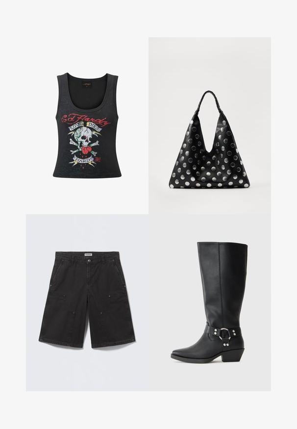 Sort ærmeløs tanktop med et dristigt dødningehoved og korsfakta-tryk med et hjerte, flerfarvede accenter og teksten "Love Dies Hard".; Sorte knælange shorts med store frontlommer med lap, lukning med metalknap, bæltestropper og sidelommer, lagt fladt på en lys baggrund.; Sorte læderknæhøje støvler med spids tå, der har en dekorativ ankelrem og sølvfarvede hardware-detaljer. Lav stablet hæl.; Sort lædertaske med en trekantet form, udstyret med sølvfarvede metallic prikker og et tekstureret håndtag. Generelt glat finish.