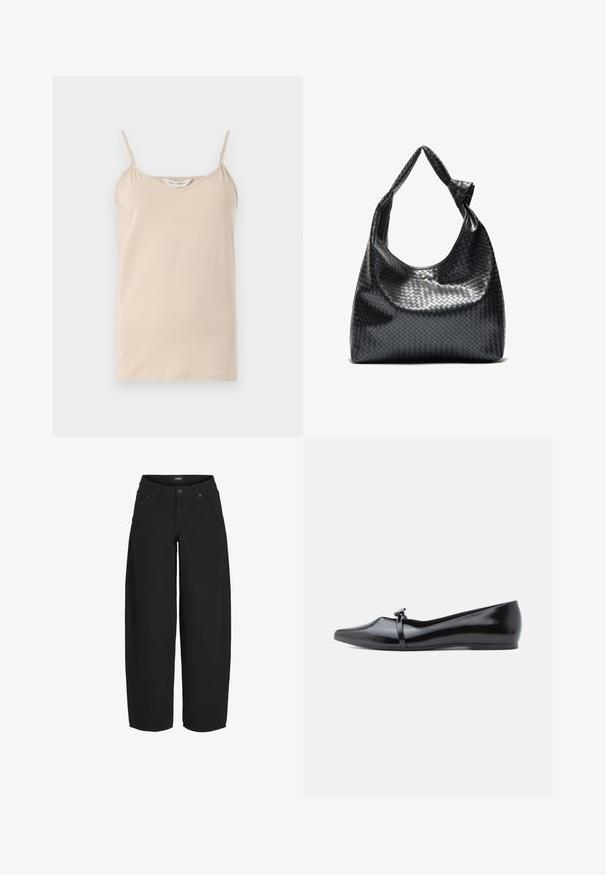 Beige cami-toppi, jossa on ohuet naruolkaimet ja V-pääntie, valmistettu pehmeästä kankaasta, jolla on sileä pinta ja suora helma.; Musta leveälahkeiset, lyhennetyt farkut, joissa edessä nappi- ja vetoketjusuljin, etu- ja takataskut ja brändätty vyötärönauhan etiketti.; Musta kiiltävän patenttinahkainen ballerina, jossa on terävä kärki, koristeellinen remmi ja sileä pinta. Minimalistinen muotoilu ilman näkyviä yksityiskohtia.; Musta kudottu nahkabag, jossa on rento muotoilu, ja jossa on solmittu hihna sekä pieni koristeellinen kultatappi ylhäällä.
