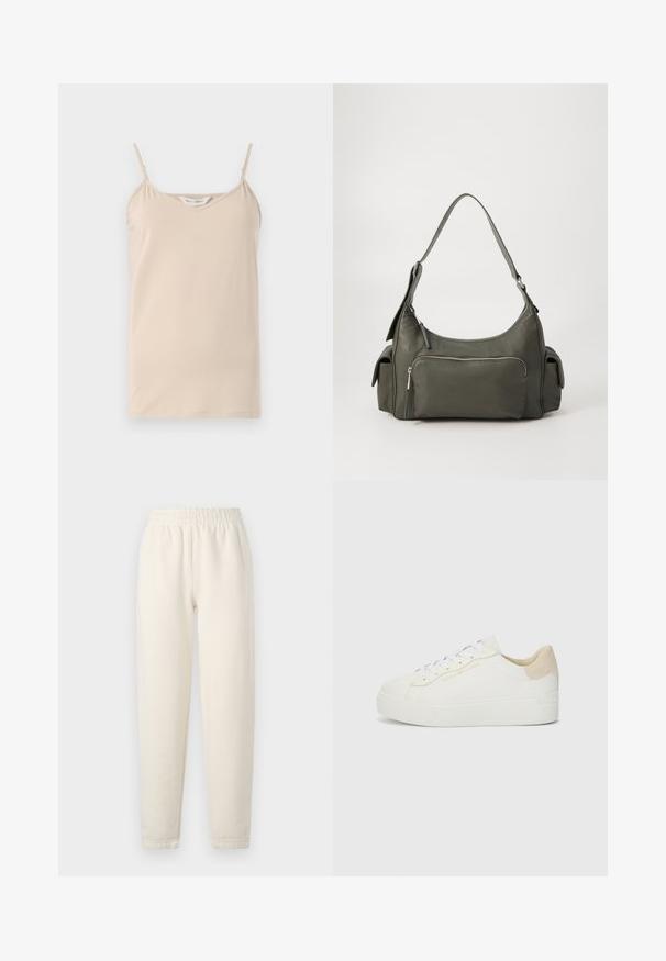 Beige camisole-top med tynde spaghetti-stropper og en V-halsudskæring, lavet af blødt stof med en glat tekstur og en lige kant.; Cremefarvede sweatpants lavet af blødt stof. Har en elastisk talje og tapered ben design med subtile stikningsdetaljer.; Hvide sneakers lavet af læder med en tekstureret beige ruskinds hæl. Har flade hvide snørebånd og subtilt guldbranding på siden.; Grøn læder skuldertaske med et buet design, lynlåslomme foran og ekstra sidelommer. Glat tekstur og minimalt hardware.