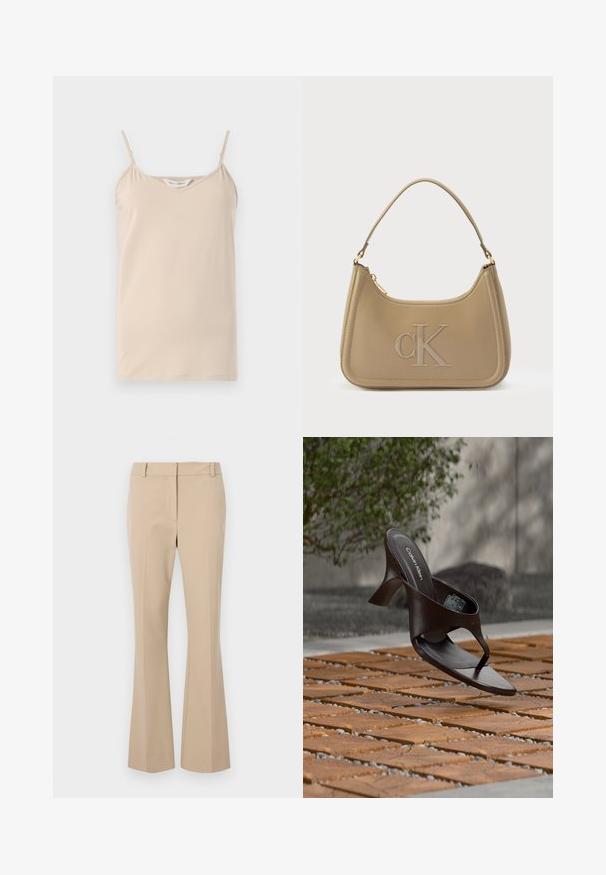 Beige cami-toppi, jossa on ohuet naruolkaimet ja V-pääntie, valmistettu pehmeästä kankaasta, jolla on sileä pinta ja suora helma.; Vaaleat räätälöidyt housut suoran mallin kanssa, joissa on litteä etuosa, vyölenkit ja sileä rakenne. Ei näkyviä taskuja tai kuvioita.; Ruskea Calvin Klein -merkkinen korkokenkäinen varvastossu roikkuu puulattialaattojen ja sorapinnan yläpuolella, taustalla sumeaa kasvillisuutta ja kiviä.; Calvin Kleinin käsilaukku savunsävyisestä nahasta, jossa on sileä pinta, kaareva muoto, kohokuvioitu "CK"-logo ja yksittäinen olkahihna. Yläosassa vetoketju.