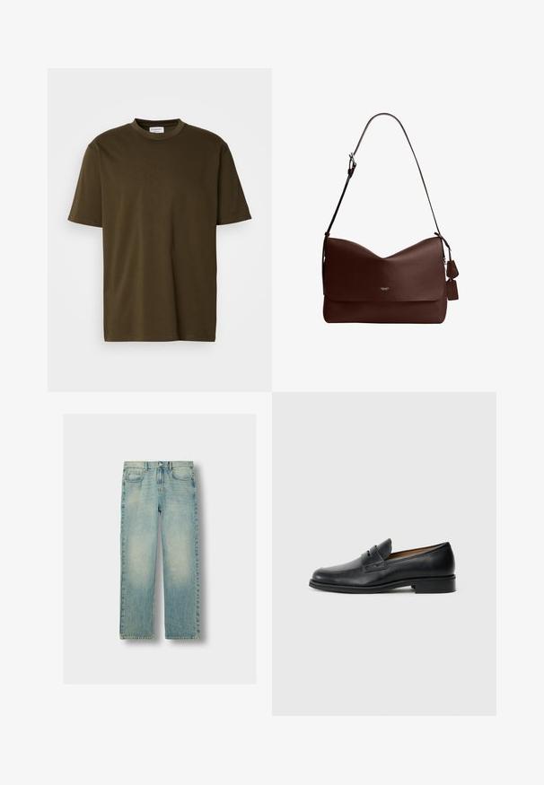 Simpel olivengrøn T-shirt med korte ærmer og rund halsudskæring, med et synligt hvidt mærke ved halsen, præsenteret på en hvid baggrund.; Lyseblå denim jeans med lige ben design, der har slidte områder, fem lommer og synlige syninger. Klassisk metalspænde.; Sorte læder loafers med en rund tå, som har en frontrem detalje og en lav, solid hæl. Glat tekstur og elegant design.; Mørkebrun læder skuldertaske med justerbar strop, frontklap og lille Coach-logo centreret på frontpanelet.