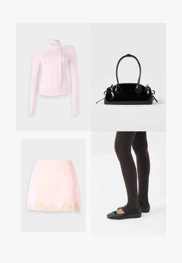 Top rosa de manga larga con diseño de hombro descubierto, que presenta un detalle atado en el cuello y una textura ajustada que enfatiza la silueta.; Minifalda rosa claro con ribete de encaje con borde festoneado en el dobladillo, tela lisa y diseño limpio y sencillo sobre un fondo liso.; Piernas con leggings oscuros acanalados combinados con bailarinas negras que presentan pequeños detalles de lazo sobre un fondo blanco.; Pequeño bolso negro brillante con dos asas largas y detalles de cordón lateral sobre un fondo claro liso.