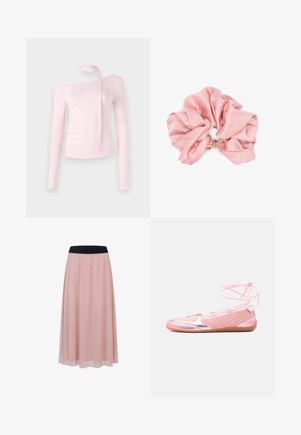 Ružový top s dlhým rukávom a off-shoulder dizajnom, s viazaním pri krku a priliehavou textúrou, ktorá zvýrazňuje siluetu.; Ružová sukňa dĺžky po členky s priesvitnou vonkajšou vrstvou a širokým čiernym elastickým pásom v páse.; Ružové balerínky s metalickými doplnkami, hladkou textúrou a šnurovacím dizajnom. Majú úzku, flexibilnú podrážku a logo na boku.; Veľká ružová hodvábna gumička s hladkou, lesklou textúrou a malým zlatým krúžkom v strede elastického úpletu.