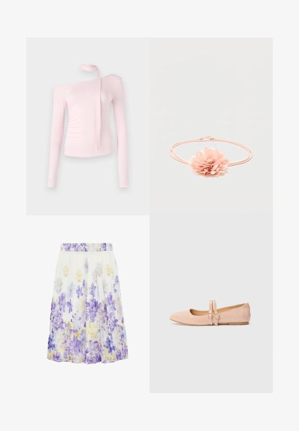 Lyserød langærmet top med off-shoulder-design, der har en bundet detalje ved halsen og en tætsiddende tekstur, der fremhæver silhuetten.; Hvid plisseret nederdel med et blomsterprint i nuancer af lilla, blå og lys gul, med elastisk linning.; Sart rosa patentlæder balletflade med spids tå, der har to justerbare remme og en lav, flad gummisål.; Lyserødt elastisk hårbånd med en blød stofblomst med lagdelte kronblade i midten på en hvid baggrund.