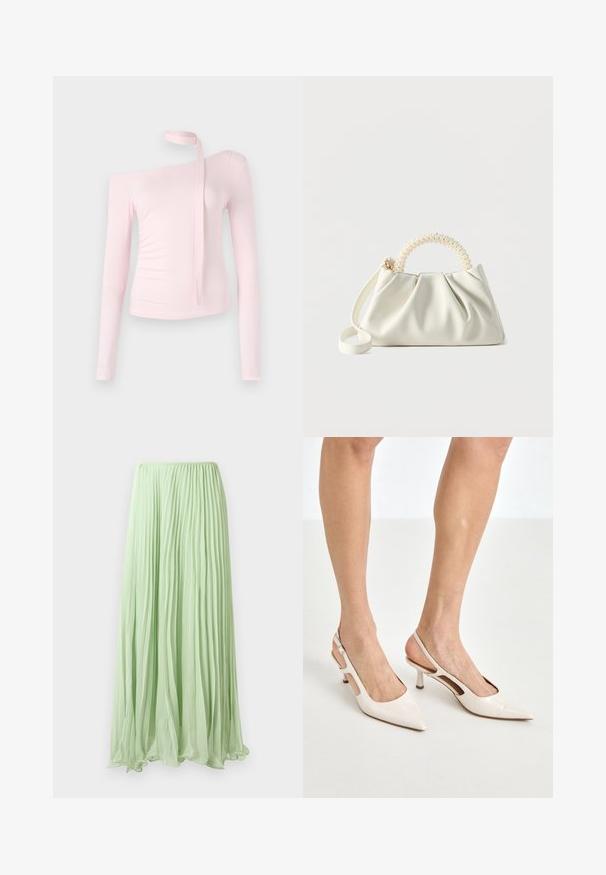 Ροζ μπλούζα με μακριά μανίκια και off-shoulder σχέδιο, διαθέτει δεμένη λεπτομέρεια στον λαιμό και εφαρμοστή υφή που τονίζει τη σιλουέτα.; Ανοιχτό πράσινη πλισέ μακριά φούστα με ρέον υλικό και ελαστική ζωνη, παρουσιασμένη σε λευκό φόντο.; Μπεζ παπούτσια με λουστρίνι, τύπου slingback, με μυτερή μύτη και τακούνι 5 εκ., που διαθέτουν κομμένες πλευρές και λεπτό λουράκι στον αστράγαλο.; Μικρό λευκό τσαντάκι με ρυτιδωμένο σώμα, στρογγυλή λαβή διακοσμημένη με μαργαριτάρια και αποσπώμενο ιμάντα ώμου σε απλό φόντο.