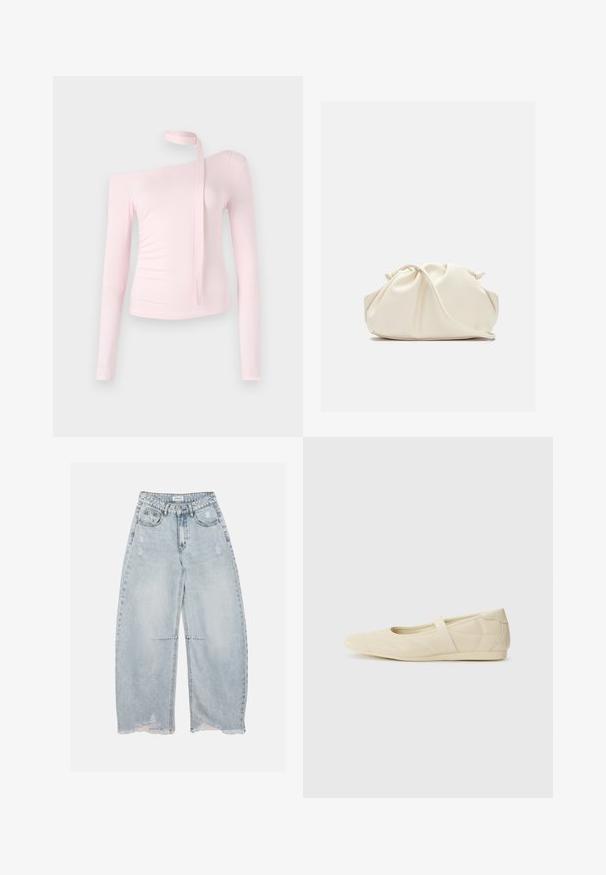 Ružový top s dlhým rukávom a off-shoulder dizajnom, s viazaním pri krku a priliehavou textúrou, ktorá zvýrazňuje siluetu.; Svetlomodré široké rifľové nohavice s opotrebovanými detailmi a strapatými lemami, s prednými vreckami, pútkami na opasok a zapínaním na gombíky.; Béžové baletky s hladkým koženým povrchom, mandľovým tvarom špičky a elastickým pásikom cez priehlavok, so subtílnymi švovými detailmi.; Mäkká krémová kožená kabelka typu clutch so zošitým, nariaseným dizajnom a tenkým ramenným popruhom, ktorý je položený vpredu na jednofarebnom pozadí.