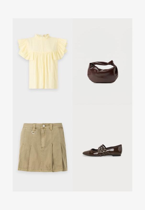 Blouse jaune clair avec un col froncé haut, des manches courtes froncées et un corsage froncé avec des lignes de texture horizontales.; Jupe en denim vert olive clair avec quatre plis plats, une fermeture à bouton à l'avant et un accent en boucle en métal sur la taille.; Chaussure plate en cuir verni marron avec bout pointu et trois brides ajustables à boucle sur le côté, vue du profil extérieur.; Sac bandoulière en cuir marron foncé avec une forme souple et décontractée et une anse nouée torsadée sur un fond blanc uni.