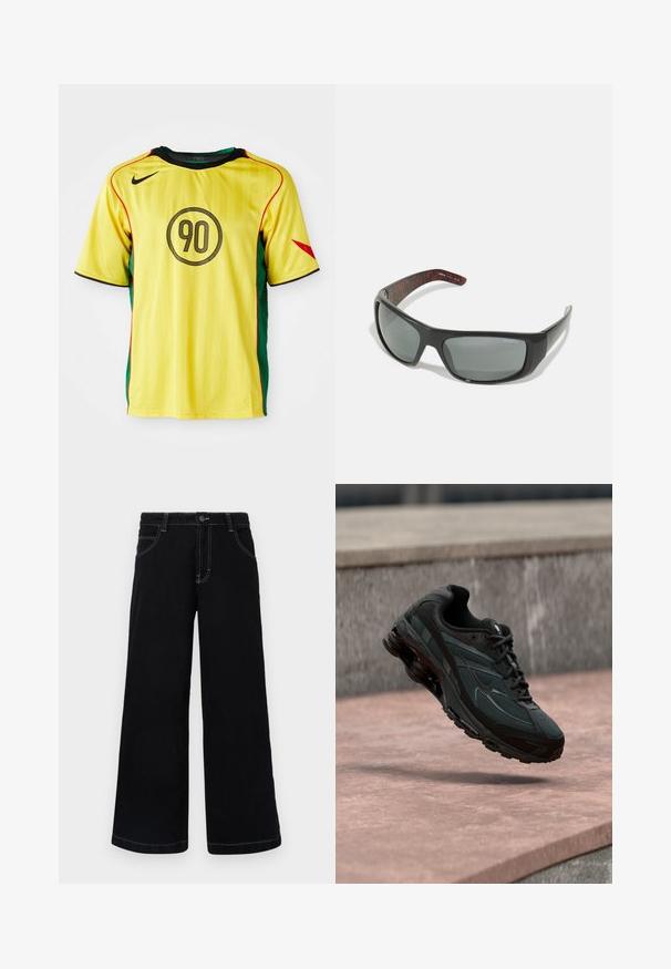 Žltý futbalový dres Nike s zelenými bočnými panelmi, čiernymi akcentmi a červeným lemovaním. Na prednej strane má guľatý čierny dizajn "90".; Čierne široké nohavice vyrobené z denimu, s gombíkovým zapínaním, piatimi vreckami a kontrastným bielym šitím pozdĺž švov.; Čierna atletická teniska s viditeľnou medzipodrážkou s air cushioning, ktorá visí nad ružovým kamenným povrchom s pozadím sivej kamennej steny.; Arnette HOT SHOT - Slnečné okuliare - dark grey