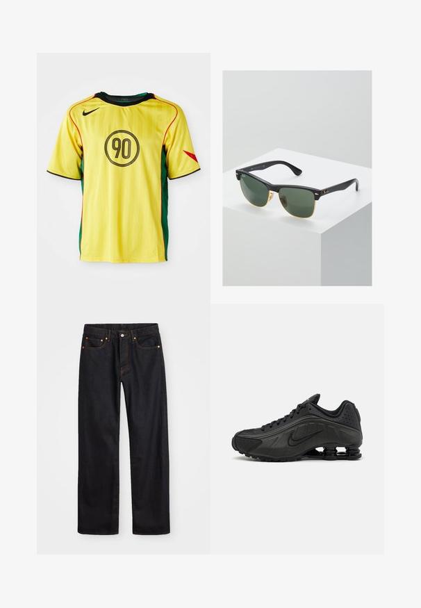 Nike kollane jalgpallipaita roheliste külgpaneelidega, mustade aktsentidega ja punase äärega. Ees on ümmargune must "90" disain.; Meeste sirge jala mustad denim teksad viie taskuga, oranž õmblus, nupu ja tõmblukuga ees nagu vöökoht.; Mustad mustat jooksujalad, millel on sile sünteetiline ülemus, perforatsioonid, tekstureeritud külgpaneelid ja eristuv elastne tall.; Ray-Ban'i prillid roheliste objektiividega, mustade plastikraamide ja kuldsete aktsentidega servadel. Ruudukujuline kuju mati viimistlusega.