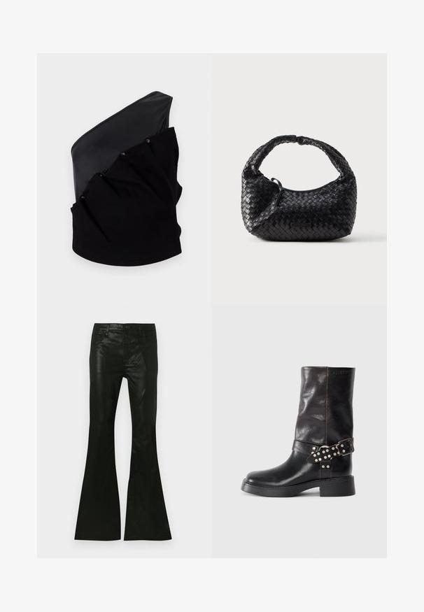 Haut asymétrique noir avec un panneau en cuir lisse et un tissu tricoté texturé, doté de détails froncés et de boutons-pression.; Pantalon évasé noir en matériau brillant, doté d'une taille ajustée, d'un design à cinq poches et d'une fermeture à bouton à l'avant.; Bottines en cuir noir avec bout rond, talon épais et une sangle décorative ornée de boucles et de clous argentés. Texture lisse.; Sac à main noir tissé de forme arrondie, finition texturée et poignée incurvée. Présente un logo discret en accent sur le devant.