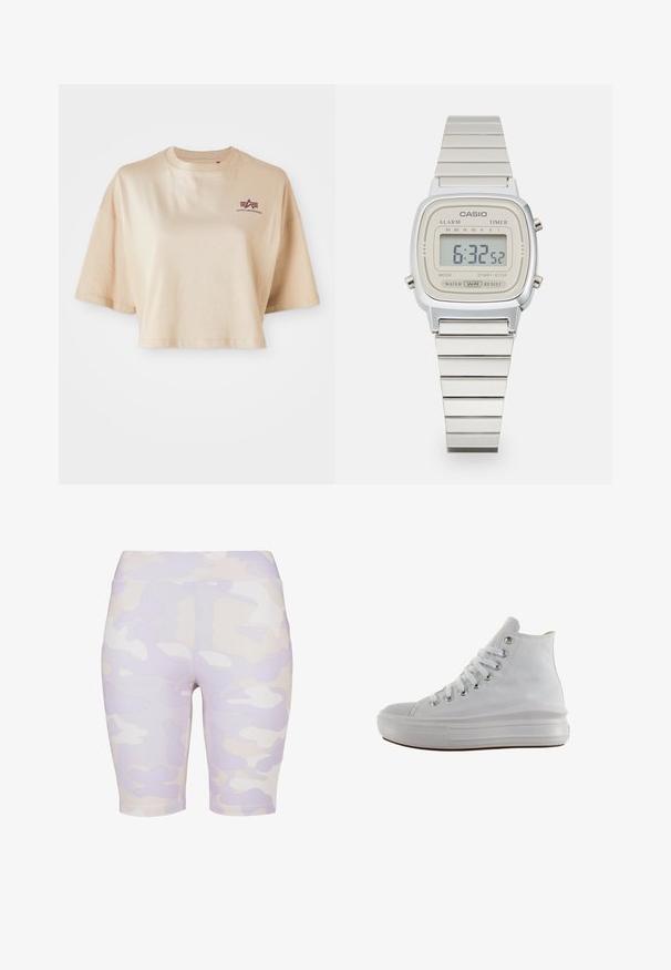 Beige cropped t-shirt van katoen, met korte mouwen, een ronde halslijn en een bordeauxrode logoafdruk op de linkerborst.; Biker shorts met een camouflerend patroon in lila en crème, gemaakt van rekbare, gladde stof. Mid-rise tailleband; aansluitend ontwerp met knielange snit.; Witte hoge canvas sneaker met witte veters, metalen oogjes, dikke rubberen zool en gestructureerde neuskap, naar links gericht op een witte achtergrond.; Digitale klok met een vierkante zilveren wijzerplaat, een lichtcrème display, een metalen schakelband en knoppen voor alarm-, timer- en modusinstellingen. Waterbestendig.