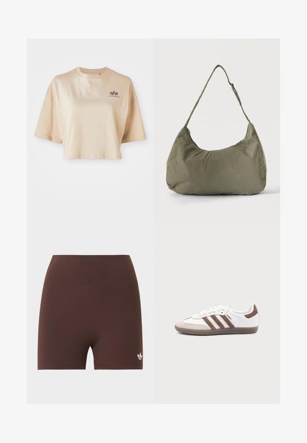 Beige cropped t-shirt lavet af bomuld, med korte ærmer, en rund halsudskæring og et maroon logo grafik på venstre bryst.; Brune high-waisted, tætsiddende biker-shorts med et lille hvidt Adidas trefoil-logo på det nederste venstre ben.; Hvid Adidas Samba sneaker med brune ruskindstriber, brun gummisål og beige ruskindståhætte, vist fra ydersiden på en ensfarvet baggrund.; Skuldertaske i blødt olivengrønt stof med lynlås og justerbar rem på ensfarvet, lyst baggrund.