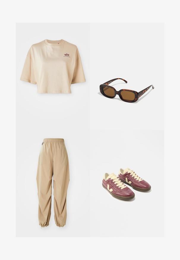 Beige cropped t-shirt lavet af bomuld, med korte ærmer, en rund halsudskæring og et maroon logo grafik på venstre bryst.; Beige letvægtsbukser med elastisk talje, tapered manchetter og en glat tekstur, der har en afslappet pasform og ingen synlige mønstre eller udsmykninger.; Par lavtskårede sneakers med teksturerede bordeaux overdeler, cremefarvede snørebånd, tunger og hældetaljer samt brune gummisåler på hvid baggrund.; Skildpaddefarvede solbriller med rektangulær form, brune linser, glat plastikskelet og tynde stænger med subtile tonale mønstre.