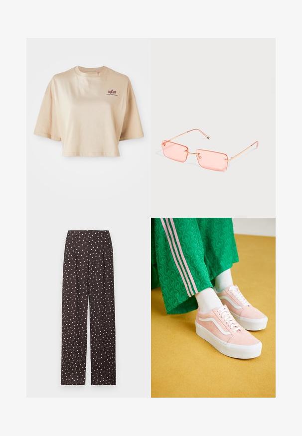 Khaki värvi lühikeste varrukatega puuvillane lühike t-särk, ümara kaelusega ja tumepunase logo graafikaga vasakul rinnal.; Mustad laia säärega püksid valgete täppidega, kõrge vöökoht ja voldid vöö all.; Roosa nahast tossud valgete aktsentidega ja paksude valgete talladega, kombineeritud roheliste mustriliste pükstega, millel on roosad külgtriibud.; Ristkülikukujulised roosat värvi raamita päikeseprillid õhukeste kuldsete metallist sangade ja reguleeritavate ninasangadega ühtlasel heledal taustal.
