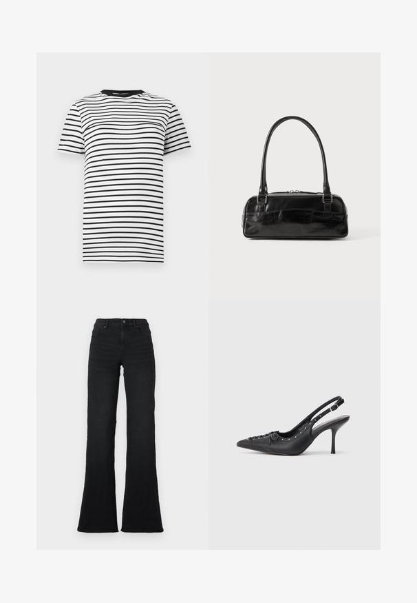 Camiseta de rayas en blanco y negro hecha de tejido suave. Presenta un cuello redondo y mangas cortas, con rayas horizontales de separación uniforme.; Jeans de mezclilla negros de cintura alta y pierna acampanada con bolsillos frontales, trabillas y cierre de botón sobre un fondo blanco.; Sandal de tacón stiletto negro de cuero con punta afilada, correa lateral con hebilla, tachuelas a lo largo del borde y cordones decorativos en la parte delantera.; Bolso de mano de cuero negro con forma rectangular, equipado con un asa estructurada, herrajes en plata y cierre de cremallera. Textura suave.