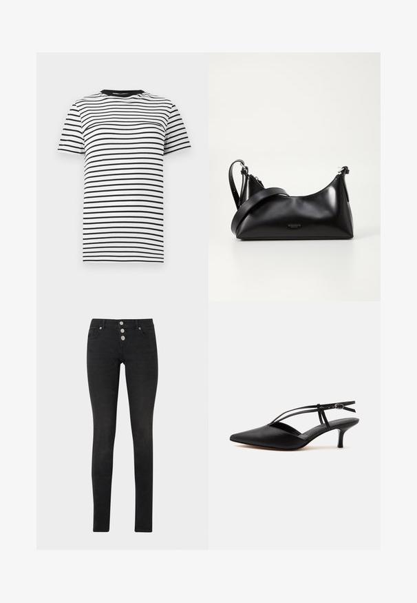 Zwart-witte gestreepte T-shirt van zachte stof. Heeft een ronde hals en korte mouwen, met gelijkmatig verdeelde horizontale strepen.; Zwarte slim-fit jeans van denim, met een hoge tailleband en drie zilveren knoopsluitingen, en een klassiek ontwerp met vijf zakken.; Zwarte leren pumps met spits toelopende neus, kittenheel met dunne enkelriem en gesp, slingback ontwerp, op een effen lichte achtergrond.; Zwarte leren handtas met een gladde textuur. Beschikt over een verstelbare schouderband en een strak, minimalistisch ontwerp met een ritssluiting.