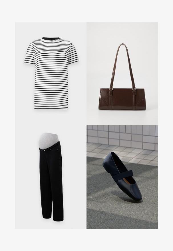 Sort-hvid stribet t-shirt lavet af blødt stof. Har en rund halsudskæring og korte ærmer, med jævnt fordelte vandrette striber.; Mødrejeans i sort denim har et blødt gråt jersey-panel til støtte af maven, lige ben-design og klassisk fem-lomme stil.; Sort læder flad sko med rund tå, der har en blød sort elastisk strop over vristen. Glat tekstur og minimalistisk design.; Brun lakeret håndtaske med rektangulær form, to lange håndtag og subtile buede detaljer på fronten.