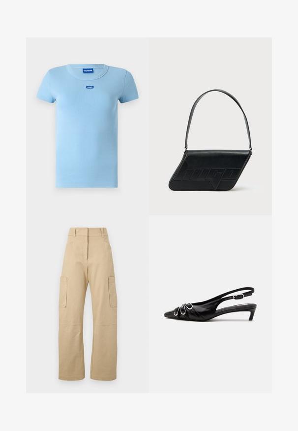 T-shirt bleu clair à côtes avec un col rond et des manches courtes. Présente un petit logo bleu sur la poitrine. Texture lisse.; Pantalons cargo beiges en coton, avec une taille haute, des jambes larges, deux poches latérales et deux grandes poches cargo sur les cuisses.; Chaussure slingback en cuir noir avec bout pointu, trois boucles argentées à l'avant et petit talon kitten sur fond blanc.; Sac d'épaule en cuir noir de forme triangulaire, avec un logo embossé et une seule bandoulière réglable. Design minimaliste avec une texture lisse.
