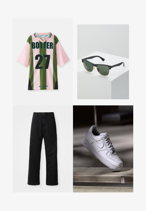 Jersey a rayas verdes y rosas con escote en V, que presenta el número 27 en negro, "BOTTER" impreso arriba y "ANTWERP" en la parte inferior.; Pantalones de mezclilla negros con corte recto, con bolsillos frontales, cremallera y un solo botón en la parte superior. Tejido texturizado con un acabado mate.; Zapatilla Nike Air Force 1 de cuero blanco que presenta una puntera perforada, cordones planos y una suela de goma texturizada con la marca "AIR" en el lateral.; Gafas de sol Ray-Ban con lentes verdes, montura de plástico negro y acentos dorados en los bordes. Forma cuadrada con acabado mate.