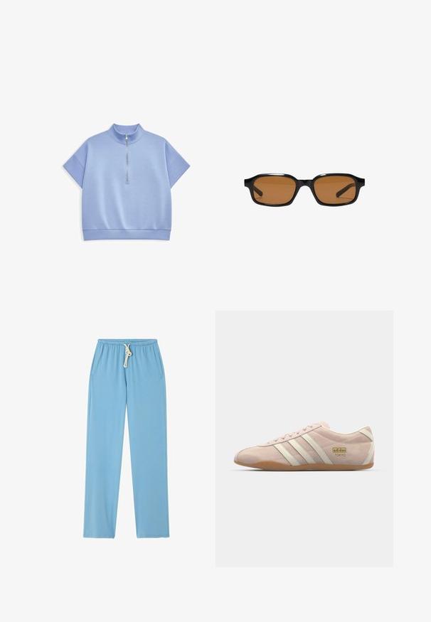 Haut bleu clair à manches courtes avec un col montant et une fermeture éclair à moitié devant. Fabriqué en matériau doux avec une texture lisse et un ourlet côtelé.; Pantalon décontracté bleu clair avec taille élastique et cordon de serrage blanc, doté de poches latérales et d'une coupe droite.; adidas Originals TOKYO - Baskets basses - quartz/off white; Lunettes de soleil rectangulaires noires avec des montures épaisses et des verres teintés marron, vues de face sur un fond blanc.