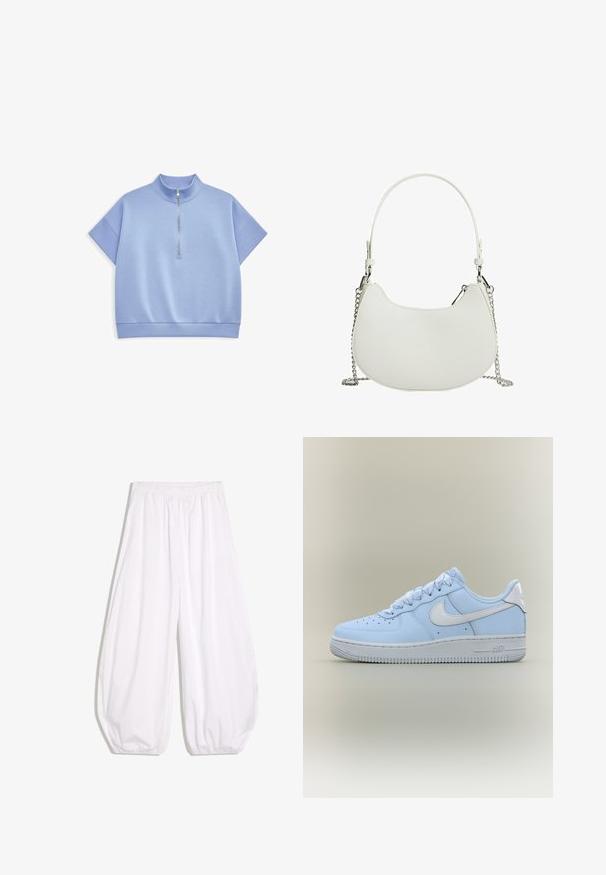Haut bleu clair à manches courtes avec un col montant et une fermeture éclair à moitié devant. Fabriqué en matériau doux avec une texture lisse et un ourlet côtelé.; Pantalon blanc en coton ample avec taille élastique et ourlets froncés, conçu pour une coupe décontractée.; Basket Nike Air Force 1 basse bleu clair avec logo swoosh blanc et semelle blanche épaisse sur un fond beige uni.; Sac à main synthétique blanc de forme courbée, avec une bandoulière en chaîne et un design minimaliste. Texture lisse avec des accents en métal argenté.
