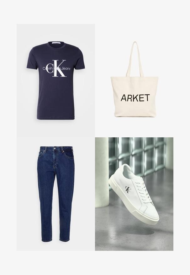 Donkerblauw T-shirt met korte mouwen en groot wit "cK" en "Calvin Klein Jeans" logo in het midden aan de voorkant.; Donkerblauwe straight-leg spijkerbroek met knoop- en ritssluiting aan de voorkant, riemlussen, en voor- en achterzakken.; Witte Calvin Klein sneaker met veters, zwevend getoond boven een gepolijste betonnen vloer en een achtergrond van glasblokken.; Beige canvas boodschappentas met lange hengsels en zwarte "ARKET" tekst gedrukt op de voorkant.