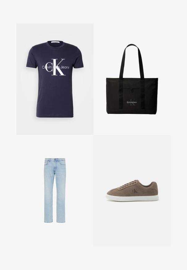 Mørkeblå T-shirt med korte ærmer med stort hvidt "cK" og "Calvin Klein Jeans" logo centreret foran.; Lyseblå straight-leg jeans i denim med forreste knap, lynlås og design med fem lommer vist på hvid baggrund.; Taupe ruskind lavtop sneaker med beige snørebånd, hvid gummisål og subtil "cK" logo på siden.; Sort Calvin Klein tote taske med to lange håndtag og lomme foran, med mærkets logo i hvid og grå.