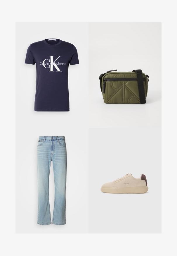 Tmavomodré tričko s krátkym rukávom s veľkým bielym logom "cK" a "Calvin Klein Jeans" umiestneným na strede prednej strany.; Svetlo modré džínsy so strihom rovného nohavice, obsahujúce päť vreciek, zapínanie na gombík a jemné vyblednutie na látke.; Bežové semišové tenisky s okrúhlou špičkou, šnúrkovým uzatváraním vpredu a hnedým semišovým akcentom na podpätku. Obsahujú štruktúrovanú gumovú podrážku.; Olivovo zelená prešívaná taška s čiernym popruhom, so zipsovým uzatváraním na vrchu a vonkajšou zipsovou kapsou s geometrickými vzorovými akcentmi.