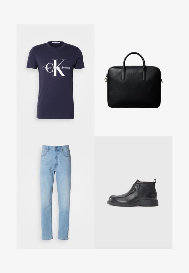 Mørkeblå T-shirt med korte ærmer med stort hvidt "cK" og "Calvin Klein Jeans" logo centreret foran.; Lys blå denim jeans med lige pasform, fem lommer og bæltestropper. Stoffet har en glat overflade med en let falmningseffekt.; Sorte læder ankelstøvler med rund tå, snørelukning og en løkke bagpå. Tekstureret overdel og gummisål.; Sort tekstureret lædermappe med dobbelte håndtag og sølv lynlås, centreret på hvid baggrund.