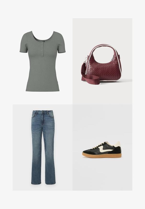 Groene geribde top met korte mouwen, een ronde halslijn en een drieknopenlijst. Zachte textuur en getailleerde vorm; subtiele horizontale ribbel-detail.; Blauwe rechte jeans van denim met een sluiting met een knoop en ritssluiting aan de voorkant, voor- en achterzakken en subtiele vervagingdetails.; Zwarte suède en leren sneaker met een crèmekleurige zij-swoosh en lichte crèmekleurige hiel. Voorzien van beige veters en een gumrubberen zool.; Donkerrode geweven leren handtas met gebogen handvat, witte bies, zilveren rits en afneembare brede stoffen schouderriem tegen een effen achtergrond.