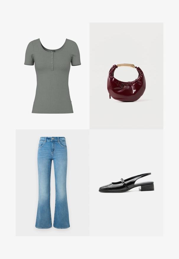 Grünes, geripptes kurzärmliges Oberteil mit einem Rundhalsausschnitt und einer Knopfleiste mit drei Knöpfen. Weiche Textur und taillierte Form; dezente horizontale Rippung.; Hellblaue Denim-Flaggenjeans mit Fronttaschen, Gürtelschlaufen und einer Knopfverschlus gegen einem weißen Hintergrund.; Schwarzer Slingback-Schuh aus Lackleder mit niedrigem Blockabsatz und dünnem Riemen mit silberner Schnalle oben.; Burgunderfarbene Kunstleder-Handtasche mit runder Form, gerafften Details und einem goldfarbenen Metallgriff. Glatte Textur und glänzende Oberfläche.