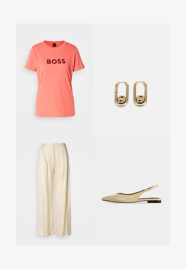 T-shirt rose corail avec "BOSS" imprimé en lettres noires en gras sur le devant. Col rond simple et manches courtes.; Pantalon en soie crème taille haute avec plis, jambes larges et fermeture éclair avant dissimulée sur un fond blanc uni.; Chaussure plate beige à bout pointu avec bride arrière, petit talon noir et finition en cuir lisse, vue de côté sur un fond uni.; BOSS DOUBLE B SWING - Boucles d'oreilles - gold-coloured