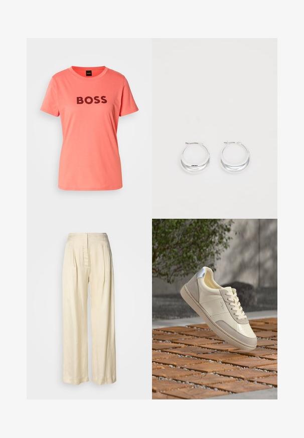 Koraalroze T-shirt met "BOSS" in vette zwarte letters over de voorkant gedrukt. Eenvoudige ronde hals en korte mouwen.; Crèmekleurige zijden broek met hoge taille, plooien, brede pijpen en een verborgen rits aan de voorkant, afgebeeld tegen een effen witte achtergrond.; Beige en crème kleurige sneaker met zilveren hieldetail, veters gestrikt, geplaatst bovenop een betegeld houten oppervlak met een wazige achtergrond van groen en een muur.; Zilveren creolen met een gepolijste afwerking en DKNY-branding, weergegeven tegen een effen witte achtergrond.