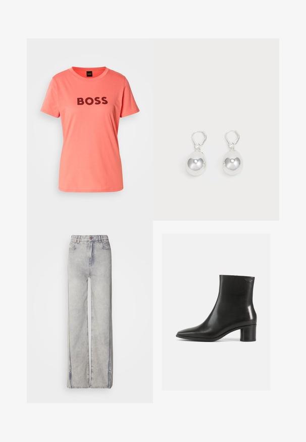 Koraalroze T-shirt met "BOSS" in vette zwarte letters over de voorkant gedrukt. Eenvoudige ronde hals en korte mouwen.; Lichtblauwe wijde jeans van denim met een vervaagd uiterlijk, voorzien van een ritssluiting, vijf zakken en contrasterende stiksels.; Zwarte leren enkellaars met een puntige neus en een blokhak van gemiddelde hoogte. Gladde textuur en minimalistisch ontwerp. Geen zichtbaar beslag.; Zilveren druppeloorbellen met gladde, ronde, reflecterende oppervlakken die hangen aan klapring-sluitingen. Achtergrond is puur wit.
