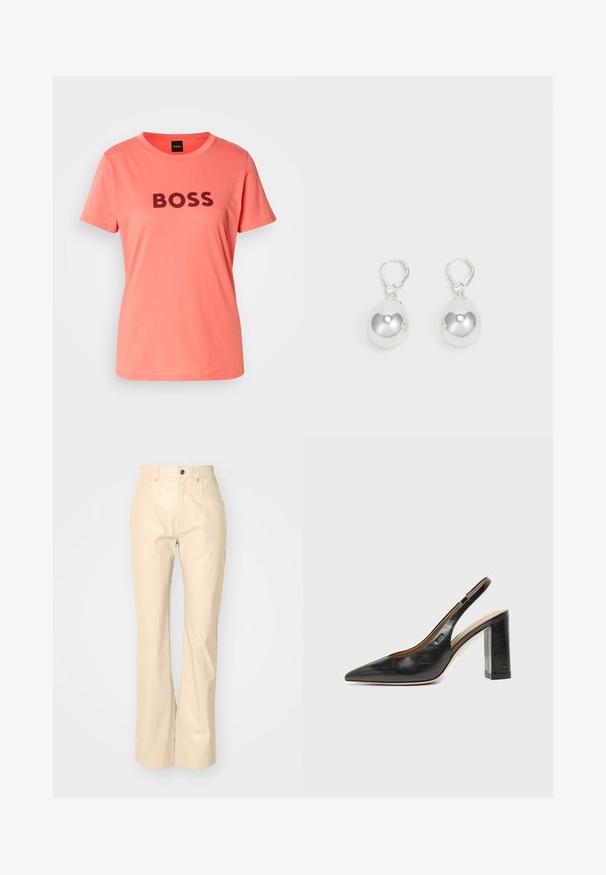Korallenfarbene T-Shirt mit "BOSS" in fetten schwarzen Lettern auf der Vorderseite bedruckt. Einfacher Rundhalsausschnitt und kurze Ärmel.; Beige Fake-Leder Schlaghosen mit glatter Textur, ausgestattet mit Vordertaschen, einem Knopfverschluss und einem dezenten, glänzenden Finish.; Schwarzer Leder-Slingback-Schuh mit spitzer Kappe, hohem Blockabsatz und beigegefüttertem Innenraum vor hellem, einfarbigem Hintergrund.; Silberne Tropfenohrringe mit glatten, runden, reflektierenden Oberflächen, die an Hakenverschlüssen hängen. Der Hintergrund ist reinweiß.