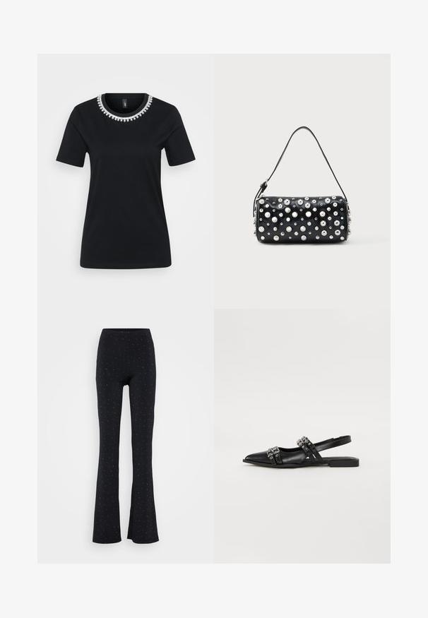 Schwarzes T-Shirt mit kurzen Ärmeln und einem dekorativen, mit Perlen verzierten Ausschnitt. Aus weichem Material gefertigt, mit normaler Passform und rundem Saum.; Schwarze, ausgestellte Hose mit einem dehnbaren Bund, verziert mit verstreuten silbernen Metallic-Punkten. Hergestellt aus einem glatten, weichen Stoff.; Even&Odd by Zalando Sling-Ballerina - black; Schwarze Lederhandtasche mit abgerundeter Form, verziert mit silbernen Nieten. Verfügt über einen abnehmbaren Riemen und einen Reißverschluss. Glatte Textur.