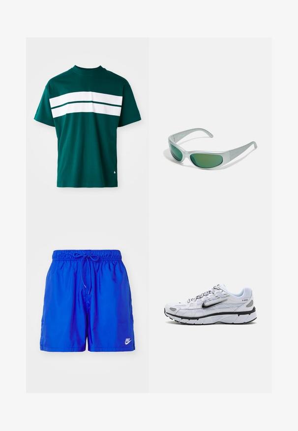 Teal katoenen t-shirt met een ronde hals, korte mouwen en horizontale witte strepen over de borst. Licht getailleerde pasvorm.; Blauwe sportieve zwembade shorts met een elastische tailleband, verstelbaar trekkoord, zijzakken en een wit Nike-logo rechtsonder.; Witte hardloopschoen met een bovenkant van mesh, ronde neus, zwarte accenten en een geëtst zool. Kenmerken van veters en branding aan de zijkant.; Arnette CATFISH - Zonnebril - metallic silver