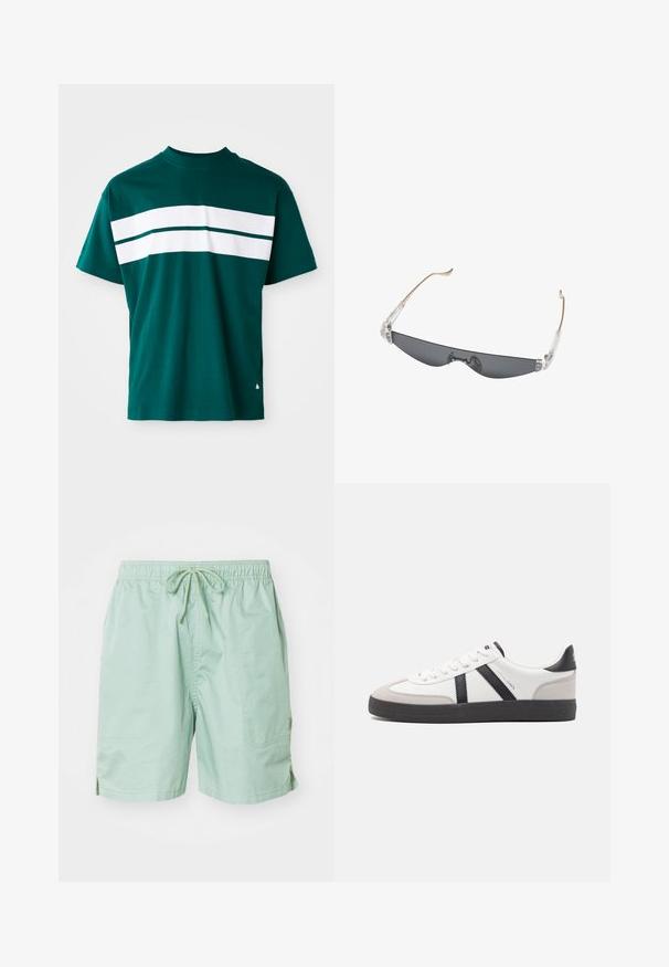 Camiseta de algodón en color azul verdoso con cuello redondo, mangas cortas y rayas horizontales blancas en el pecho. Ajuste ligeramente relajado.; Bañadores verde claro hechos de tela suave, con cinturilla elástica y cordón, bolsillos laterales y longitud corta.; Zapatilla blanca con acentos en negro y gris, que presenta una puntera texturizada en gris, suela de goma negra y cordones planos blancos. Diseño limpio, estilo minimalista.; Gafas de sol finas y rectangulares con cristales oscuros, bisagras de plástico transparente y varillas delgadas de color beige curvadas en los extremos.