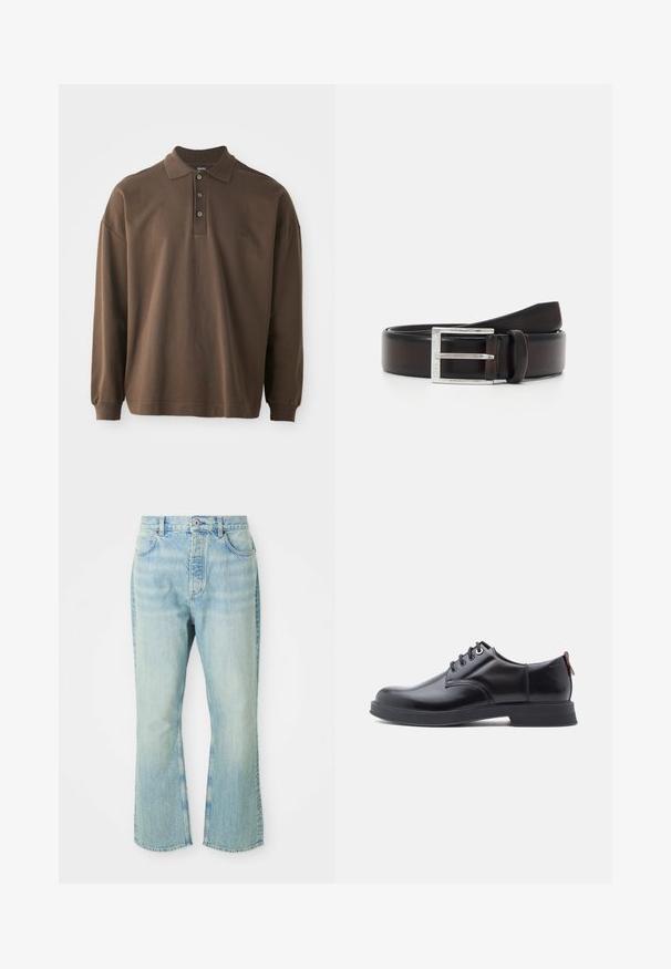 Polo à manches longues marron avec un col, trois boutons et des poignets côtelés. Fabriqué en coton doux avec une coupe décontractée.; Jeans évasés en denim bleu clair avec une taille haute, dotés de cinq poches, de passants de ceinture et d'une texture délavée.; Chaussures en cuir noir à lacets avec une texture lisse, un bout arrondi et des détails de couture discrets. Présentent une languette rouge à l'arrière.; Ceinture en cuir marron avec une finition brillante, boucle en métal argenté et une texture lisse. Comprend une boucle pour sécuriser la sangle.