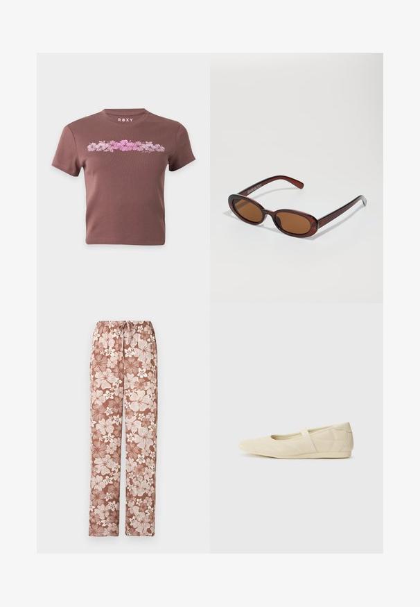 T-shirt marron court avec manches courtes, présentant une rangée horizontale de fleurs d'hibiscus roses et le nom de la marque Roxy au-dessus du motif.; Pantalon marron à cordon avec un grand motif floral blanc et marron clair, coupe droite, présenté sur un fond blanc.; Ballerines beiges avec une exterior en cuir lisse, un bout en forme d'amande et une sangle élastique sur le coup de pied, avec des détails de couture subtils.; Lunettes de soleil rondes teinte brun avec une monture bordeaux brillante. Branches fines avec un détail de marque subtil. Design de verres plats.