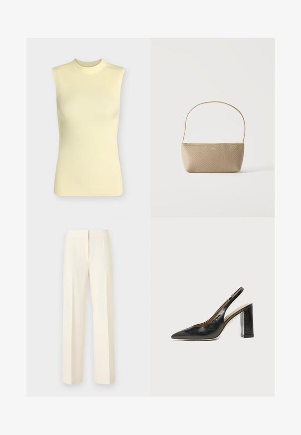 Top sans manches en maille côtelée jaune pâle avec un col rond montant, silhouette ajustée et tissu doux texturé.; Pantalon droit sur mesure couleur blanc cassé avec pli avant, ceinture et fermeture avant dissimulée sur un fond uni.; Chaussure slingback en cuir noir à bout pointu avec un talon bloc haut et une doublure intérieure beige sur un fond clair uni.; Sac à main tissé beige avec fine bandoulière et petit logo doré "BOSS" à l'avant, présenté sur fond blanc uni.