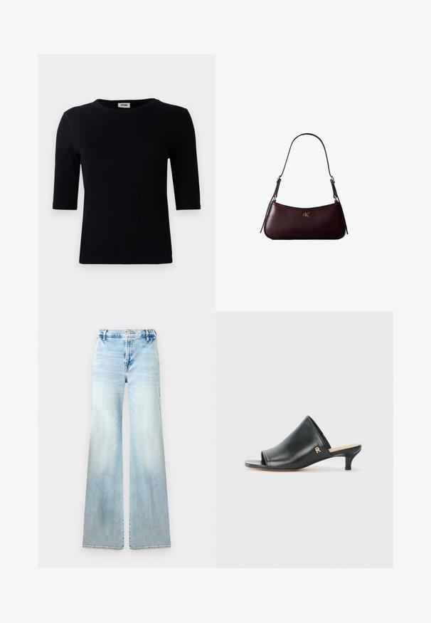 Camiseta negra de canalé con escote redondo y mangas tres cuartos. La tela tiene una textura suave y un dobladillo recto. Sin marcas visibles.; Jeans acampanados de color azul claro, confeccionados en denim. Presentan un lavado desvaído, bolsillos estándar y un cierre de botón en la cintura.; Mules de cuero negro de punta abierta con un tacón bajo. Presentan una superficie lisa y un acento del logo dorado en el costado.; Bolso de mano de cuero burdeos oscuro con una delgada correa negra para el hombro y pequeño logo dorado "cK" en el centro delantero.