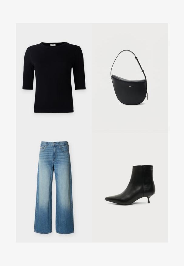 T-shirt noir à côtes avec un col rond et des manches trois-quarts. Le tissu a une texture lisse et une ligne d'ourlet droite. Pas de marque visible.; Jean en denim bleu à jambes larges avec un délavage clair estompé sur l'avant des cuisses, des poches avant, des passants de ceinture, et une fermeture par bouton.; Bottine en cuir noir avec bout pointu et petit talon kitten sur fond clair, vue côté extérieur.; Sac à bandoulière en cuir noir en forme de demi-lune avec une bandoulière réglable et le logo doré « BOSS » centré sur le devant.