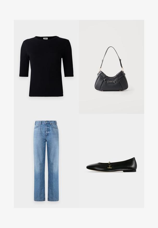 T-shirt noir à côtes avec un col rond et des manches trois-quarts. Le tissu a une texture lisse et une ligne d'ourlet droite. Pas de marque visible.; Jeans en denim bleu clair avec une coupe droite, dotés d'une taille haute, de cinq poches et de coutures visibles. La texture est lisse et classique.; Chaussure plate en cuir noir avec une petite chaîne dorée et un détail barre sur le dessus, bout arrondi et talon bas.; Sac à épaule en cuir noir avec garnitures dorées et plaque à logo Guess, muni d’une bandoulière unique et d’une fermeture éclair sur le dessus.
