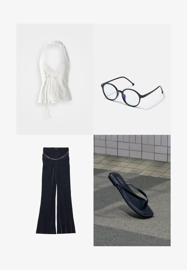 Haut à bretelles blanc en tissu doux. Dispose d'un décolleté plongeant, d'un design enroulé et d'un lien ajustable à la taille. Texture lisse, style décontracté.; Even&Odd Tall Pantalon classique - black / silver; Sandale tongs en cuir noir avec des lanières fines reposant sur un trottoir gris près d'un mur carrelé, avec la marque "S. MAMMI" inscrite sur la semelle intérieure.; Lunettes noires rondes avec des montures fines, verres transparents et une légère teinte violette d'un côté ; design épuré avec une finition polie.