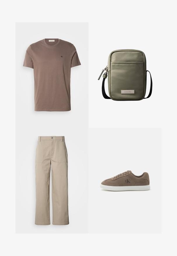 T-shirt en coton marron avec un col rond, des manches courtes et un petit logo noir sur la poitrine gauche. Texture lisse et couleur unie.; Pantalon beige à jambes larges en coton ; doté de poches plaquées à l'avant, d'une fermeture à bouton et de coutures visibles le long des ourlets.; Baskets basses en daim taupe avec lacets beiges, semelle en caoutchouc blanche et logo subtil "cK" sur le côté.; Sac bandoulière compact vert olive avec poche avant, sangle noire réglable, fermeture zippée et plaque logo Calvin Klein.