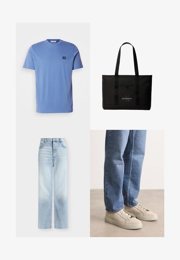 Helles blauen Baumwoll-T-Shirt mit kurzen Ärmeln und rundem Ausschnitt, das ein kleines dunkelblaues Logo-Patch auf der linken Brust trägt. Glatte Textur.; Hellblaue, hoch taillierte Jeans mit geradem Bein, Fronttaschen, Gürtelschlaufen und einem Knopfverschluss.; BOSS GARYTENN_SDHDEL - Sneaker low - natural ten; Schwarze Calvin Klein Tote-Tasche mit zwei langen Griffen und Fronttasche, mit dem Markenlogo in Weiß und Grau.