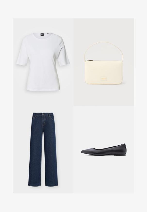T-shirt blanc à manches courtes avec col rond, coupe ajustée et petite étiquette noire BOSS au niveau de l'encolure.; Jean en denim bleu foncé coupe droite avec poches avant, passants de ceinture, fermeture par bouton et détails de couture visibles.; Chaussure plate en cuir noire à bout pointu avec petit talon, vue de profil sur fond blanc.; Sac à main rectangulaire de couleur crème avec une seule sangle et une fermeture éclair sur le dessus, comportant une petite plaque de logo embossé à l'avant.