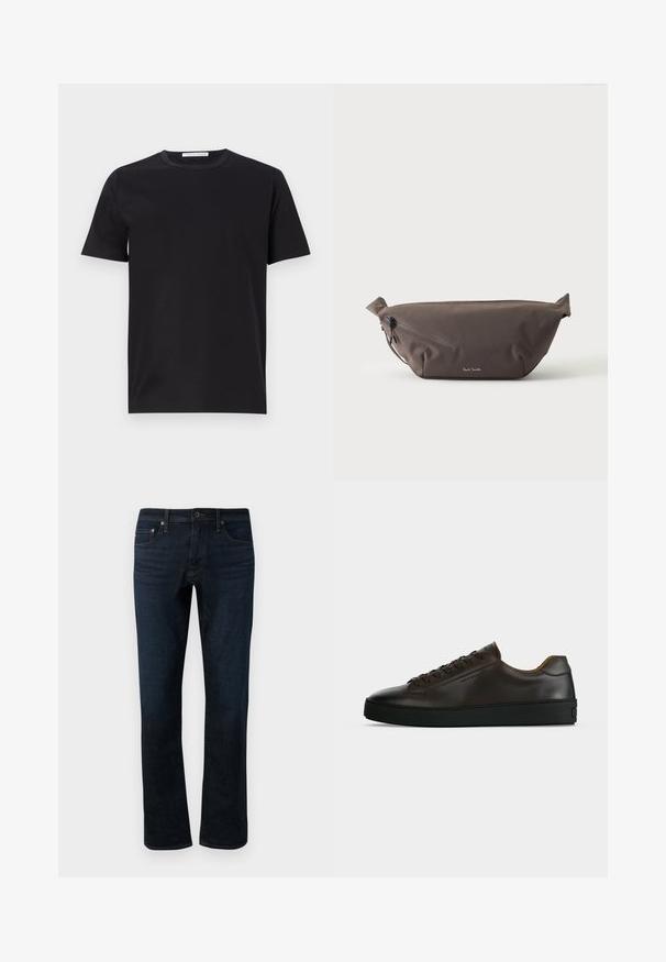 Schwarzes Baumwoll-T-Shirt mit rundem Halsausschnitt, kurzen Ärmeln und glatter Textur. Verfügt über ein sichtbares Markenetikett am Halsausschnitt.; Dunkelblaue Denim-Jeans mit geradem Bein, ausgestattet mit einem klassischen Fünf-Taschen-Design und subtilen Steppdetails.; Flach geschnittener dunkelbrauner Ledersneaker mit schwarzer Gummisohle, Schnürung vorne und schlicht-minimalistischem Design auf hellem Hintergrund.; Dunkelbraune Stoff-Gürteltasche mit diagonalem Reißverschlussfach und kleinem weißen Logo vorne, vor einem einfarbigen hellen Hintergrund.